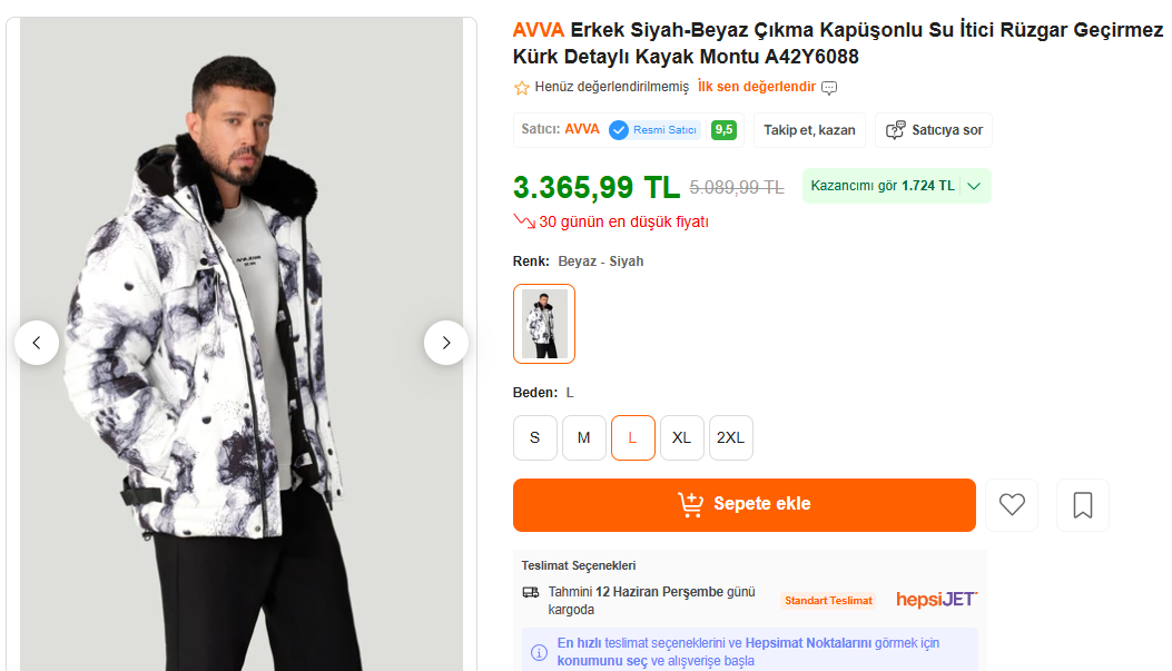 AVVA ERKEK KAPÜŞONLÜ SU İTİCİ RÜZGAR GEÇİRMEZ KAYAK MONTU